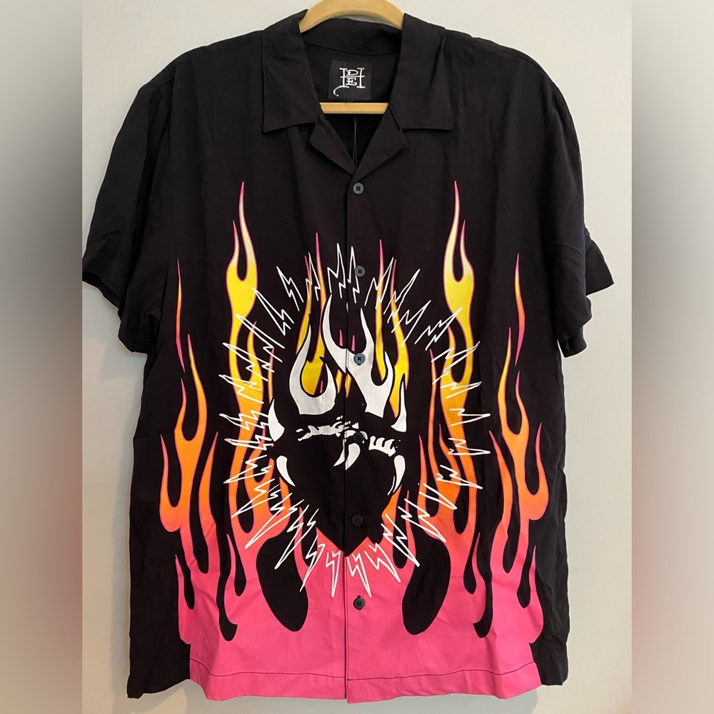 Ed Hardy Fire Heart Collar Button Up Shirt Mens Size Large Black